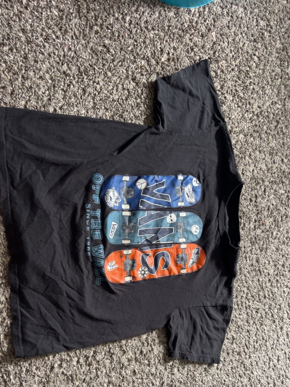 Vans Black Tee with Blue and Orange Skate Deck Graphic